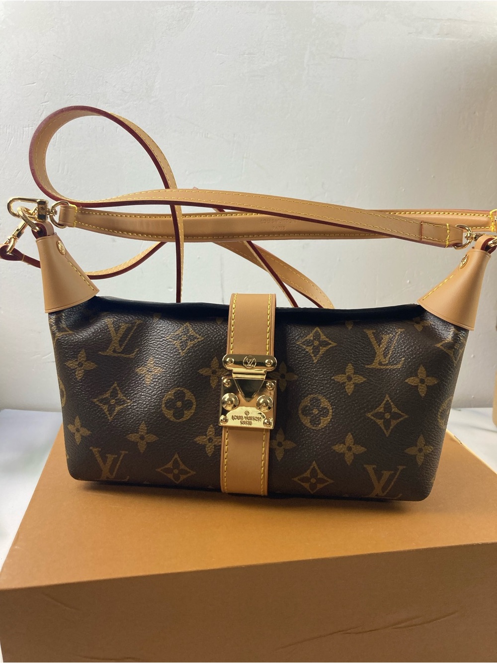 Monogram Canvas Shoulder Bag with Tan Trim and Gold Hardware